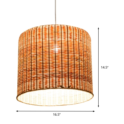 Asian 1 Bulb Hanging Lamp Flaxen Tubular Pendant Light Fixture with Bamboo Shade