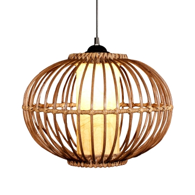 Bamboo Lantern Ceiling Lamp Asian 1 Bulb Brown Hanging Light Kit with Inner Tube Parchment Shade