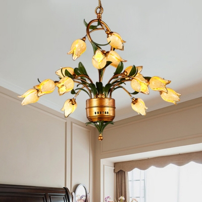Brass 15 Heads Chandelier Lighting Vintage Frosted Glass Bloom LED Pendant Ceiling Light for Bedroom