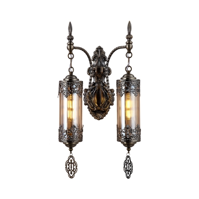 Bronze Cylinder Wall Lamp Traditionalism Metal 1/2 Heads Restaurant Wall Sconce Lighting with Clear Glass Shade
