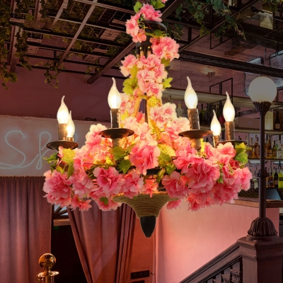 Candlestick Metal Chandelier Light Industrial 6 Heads Restaurant LED Down Lighting in Pink with Cherry Blossom