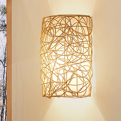 Chinese 1 Bulb Wall Lamp White Half-Cylinder Sconce Light Fixture with Rattan Shade
