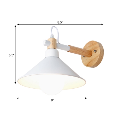 Conical Wall Lamp Contemporary Metal 1 Head White Sconce Light Fixture with Wood Arm