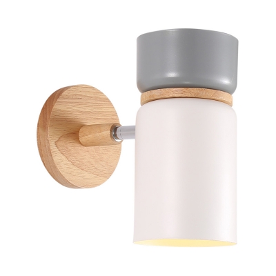 Cylinder Wall Lamp Modernism Metal 1 Head Sconce Light Fixture in White/Grey with Round Wood Backplate