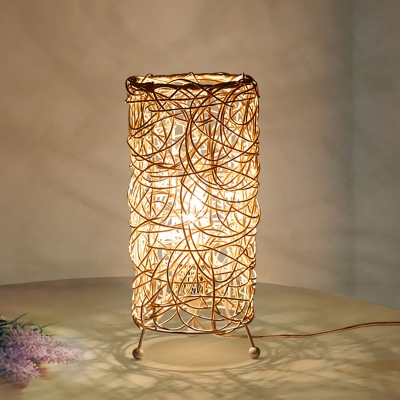 Cylindrical Desk Light Chinese Bamboo 1 Head Task Lighting in White/Coffee for Living Room