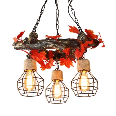 Exposed Bulb Restaurant Chandelier Industrial Resin 3 Bulbs Red/Pink/Green LED Drop Lamp with Flower/Plant/Maple Leaf