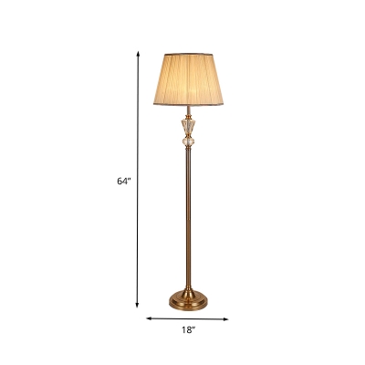 Fabric Tapered Floor Light Classic 1 Head Living Room Stand Up Lamp in Beige with Crystal Accent