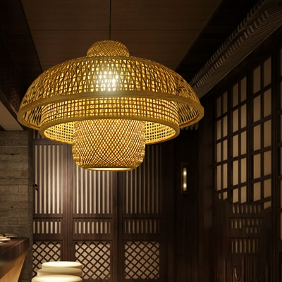 Flared Bamboo Ceiling Lamp Asian 1 Bulb Flaxen Pendant Lighting Fixture for Restaurant