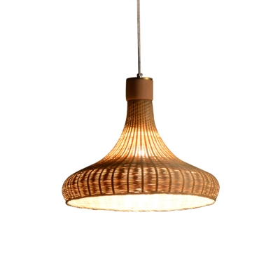 Flaxen Trumpet Hanging Lamp Asia 1 Head Bamboo Pendant Light Fixture for Dining Room