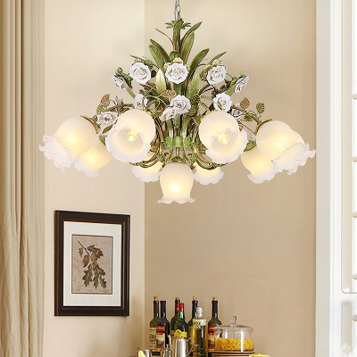 Floral Cream Glass Chandelier Light Traditionalism 4/7/9 Bulbs Bedroom LED Pendant Lamp in Green