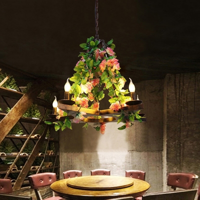 Green 5 Lights Chandelier Lighting Vintage Metal Candle LED Hanging Pendant Light with Rose Decor