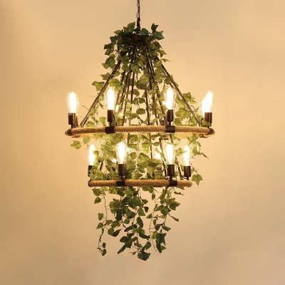 Green Bare Bulb Pendant Chandelier Vintage Metal 6/8/14 Bulbs Restaurant LED Hanging Ceiling Light with Plant