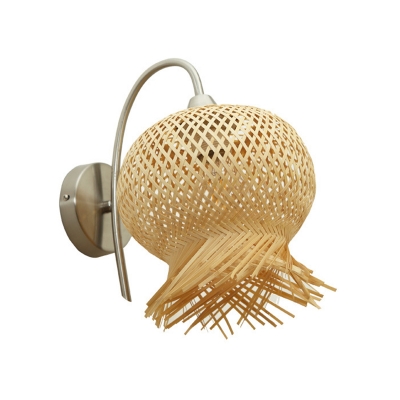 Handwoven Bamboo Sconce Light Asian 1 Head Flaxen Wall Mounted Lamp with Metal Curvy Arm