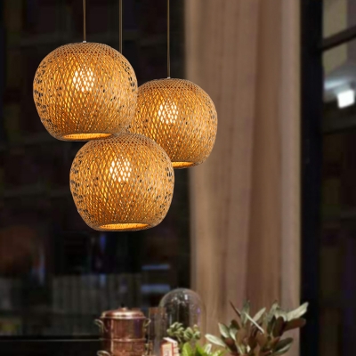 Japanese 1 Bulb Ceiling Lamp Brown Lantern Hanging Pendant Light with Bamboo Shade