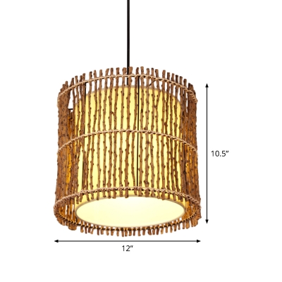 Khaki Cylinder Ceiling Lamp Asian 1 Bulb Rattan Hanging Light Fixture with Inner White Parchment Shade