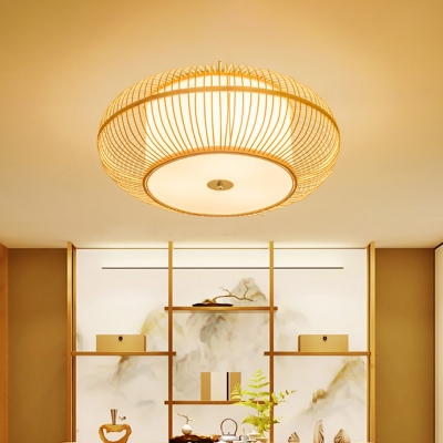 Lantern Flush Mount Asian Bamboo 1 Head Beige Ceiling Light Fixture with Inner Cylinder White Shade