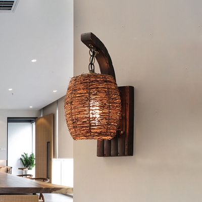 Lantern Rattan Wall Lamp Asia 1 Head Brown Sconce Light Fixture with Rectangle Bamboo Backplate