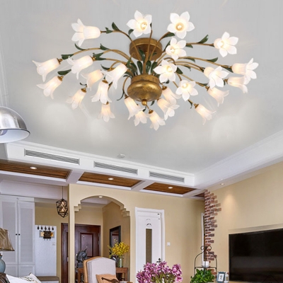 Metal Blossom Ceiling Lighting Traditional 25 Heads Living Room LED Semi Flush Mount Light Fixture in Brass