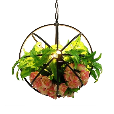 Metal Sphere Chandelier Light Fixture Antique 4 Heads LED Restaurant Pendant Lamp in Black with Rose Decoration