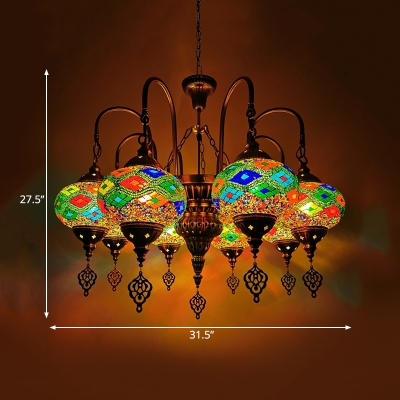 Oval Stained Glass Chandelier Antiqued 9 Lights Coffee Shop Hanging Light Fixture in Orange/Green