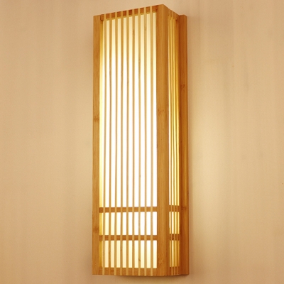 Rectangular Sconce Light Japanese Wood 1 Bulb Beige Wall Mounted Lighting, 4