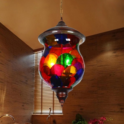 Red Jar Hanging Ceiling Light Traditionalist Stained Glass 1 Head Living Room Suspension Lamp