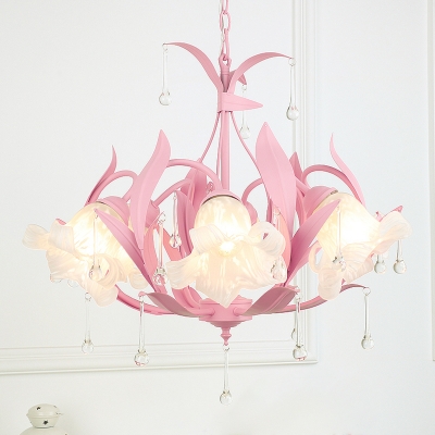 Traditional Flower Hanging Pendant 3/6 Heads White Glass Chandelier Lighting Fixture in Pink/Blue/Green for Living Room