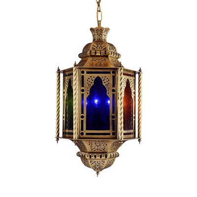 Traditional Incense Burner Pendant 3 Lights Metal Chandelier Lamp in Brass with Colorful Glass Shade