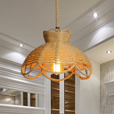 1 Bulb Ceiling Light Vintage Coffee Shop Pendant with Floral Basket Rope Shade in Beige