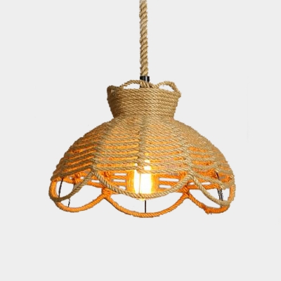 1 Bulb Ceiling Light Vintage Coffee Shop Pendant with Floral Basket Rope Shade in Beige