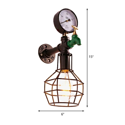 1-Bulb Sconce Lighting Rustic Globe Cage Metal Wall Lamp Fixture in Black with Faucet and Gauge Deco