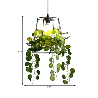 1 Light Metal Hanging Lamp Vintage Black Barrel Restaurant LED Suspension Pendant with Plant Decoration
