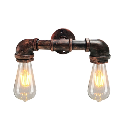 2 Heads Exposed Bulb Wall Lighting Fixture Industrial Black/Rust Finish Iron Wall Mount Sconce