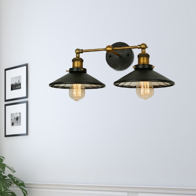 2 Lights Sconce Lighting Industrial Restaurant Wall Lamp with Wide Flared Metal Shade
