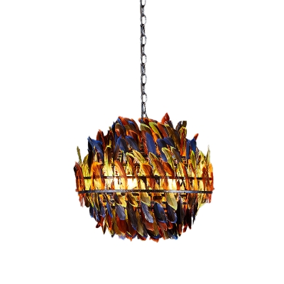 Blue Ball Cage Chandelier Pendant Light Vintage Iron 4 Lights Hanging Lamp with Colorful Feather Deco