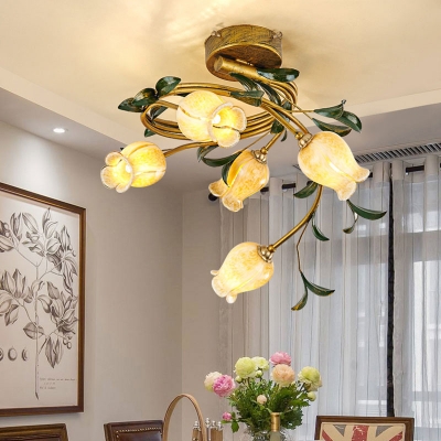 Brass 5 Lights Semi Flush Mount Country Frosted Glass Tulip LED Ceiling Mounted Light for Living Room
