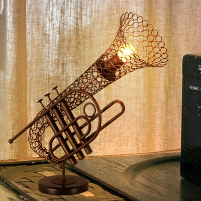 Brown Sax Cage Shaped Desk Light Vintage Metal 1-Light Restaurant Night Table Lamp