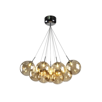 Bubble Amber Glass Hanging Lamp Kit Modernism 10-Head Chrome LED Multi Light Pendant