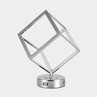 Chrome Cubic Frame Night Table Light Modernist LED Metallic Small Desk Lamp with Circle Base