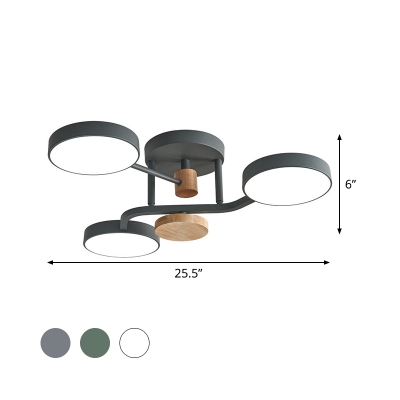 Circle Bedroom Semi Flush Lighting Metal LED Modern Flush Ceiling Lamp in Grey/White/Green with Round Wood Deco