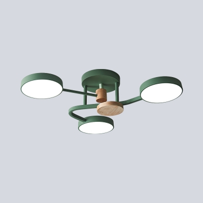 Circle Bedroom Semi Flush Lighting Metal LED Modern Flush Ceiling Lamp in Grey/White/Green with Round Wood Deco