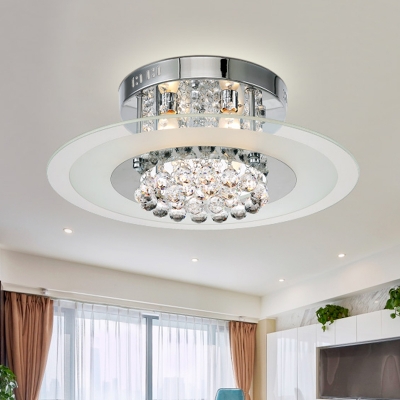 Clear Round Glass Flush Light Contemporary 4 Lights Bedroom Ceiling Mount Lamp in Chrome with Crystal Draping