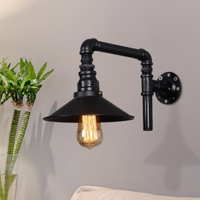 Cone Metal Sconce Lighting Farmhouse 1-Bulb Restaurant Wall Lamp in Black with Right Angle Pipe Arm