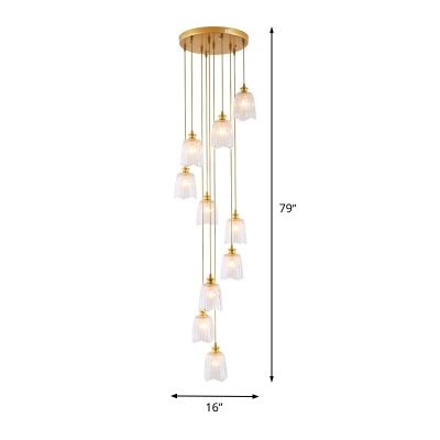 Contemporary 10 Heads Cluster Pendant Gold Barrel Hanging Ceiling Light with Clear Prismatic Glass Shade