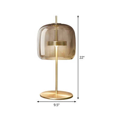 Cup Shape Bedside Task Lighting Tan Glass LED Modern Night Table Lamp with Circle Metal Base