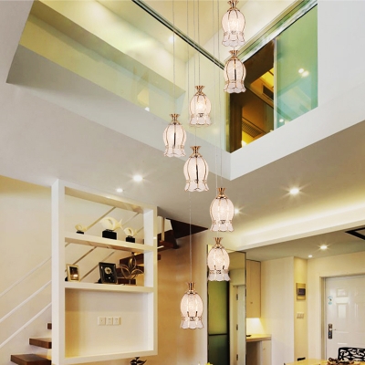 Curving Multi Light Pendant Colonial Bubble Glass 8 Heads Brass Ceiling Lamp for Stair