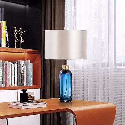 Cylindrical Nightstand Lamp Contemporary Fabric 1 Bulb Reading Book Light in Blue