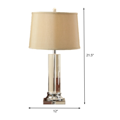 Fabric Drum Desk Light Modern 1 Head White Reading Lamp with Cylindrical Clear Crystal Base