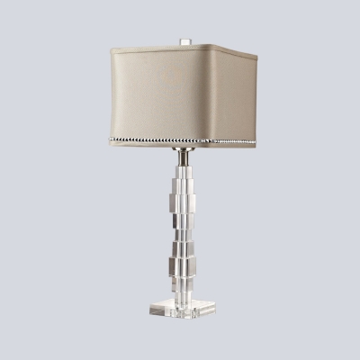 Fabric Square Task Light Modern 1 Bulb Beige Nightstand Lamp with Clear Crystal Base