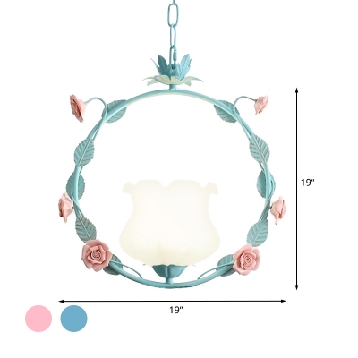Flower Milk Glass Pendant Light Pastoral 1 Bulb Dining Room LED Suspension Lighting Fixture in Pink/Blue